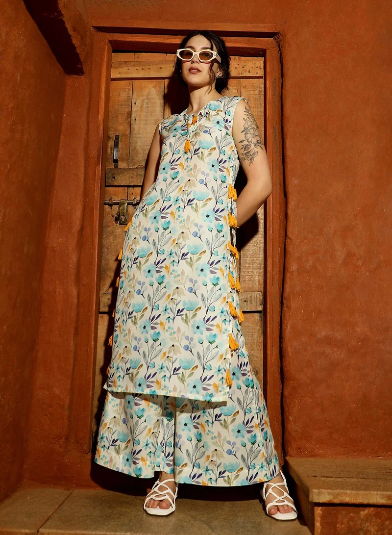 QISSA Women's Multicolour Floral Tassel Kurta With Palazzo For Casual Wear | Mandarin Collar | Sleevesless | 2 Piece Kurta Set Designed With Comfort Fit For Everyday Ethnic Wear